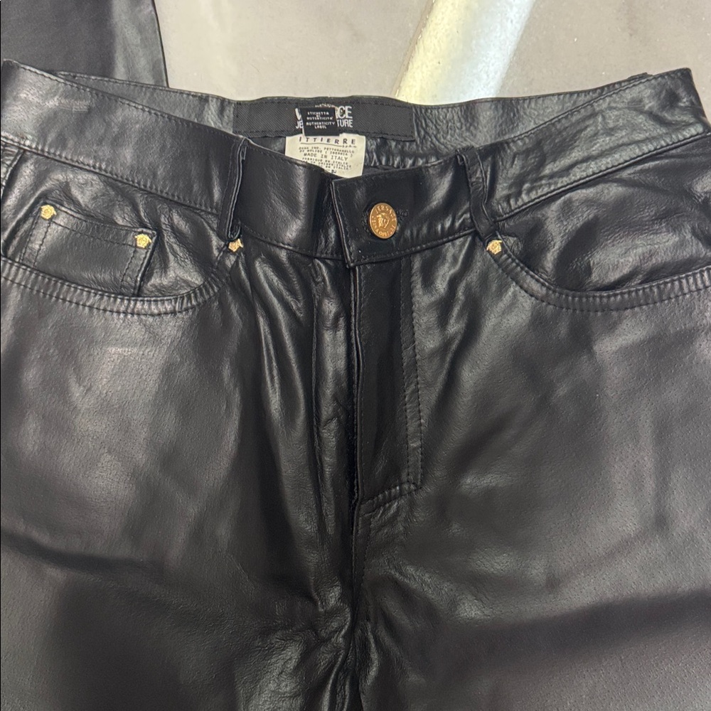 Versace Black Leather Trousers with Gold Details